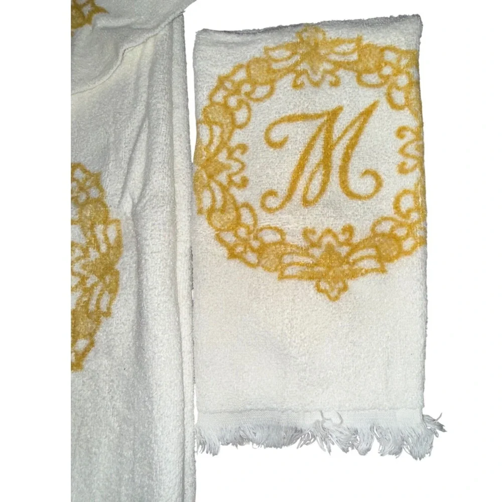 Vintage Ivory Monogrammed Towel Set Gold Letter M Fringe Guest Hand Towels